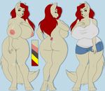  anthro areola big_breasts breasts butt canine female huge_breasts kammymau looking_at_viewer mammal model_sheet nipple_bulge nipples overweight smile solo standing 