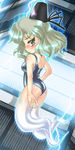  :&lt; arm_at_side aura bare_arms bare_shoulders black_hat blue_swimsuit blush breasts closed_mouth commentary_request electricity eyebrows_visible_through_hair from_side full_body ghost_tail green_eyes green_hair hand_on_hip hat looking_at_viewer looking_back one-piece_swimsuit school_swimsuit shiny shiny_clothes shiny_hair shiny_skin short_hair small_breasts soga_no_tojiko solo swimsuit tate_eboshi touhou v-shaped_eyebrows winn 