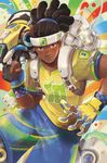  alternate_costume ball brazil brown_hair dark_skin dark_skinned_male gloves gun hairlocs headband long_hair lucio_(overwatch) male_focus mismatched_gloves net overwatch peyo_han selecao_lucio shirt shorts smile soccer_ball soccer_uniform solo sportswear t-shirt weapon 