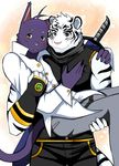  2017 anthro bearlovestiger13 blue_eyes blush cat clothed clothing duo feline fur kiazuma looking_at_viewer looking_back male male/male mammal melee_weapon morenatsu ninja purple_fur scarf shin_(morenatsu) simple_background sword tiger weapon white_tiger yellow_eyes 