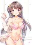  banned_artist breasts brown_hair cleavage hair_ornament hairclip long_hair looking_at_viewer medium_breasts off_shoulder one_side_up original petals purple_eyes solo strap_slip suihi underwear 