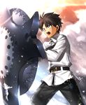  action belt black_hair blue_eyes commentary_request fate/grand_order fate_(series) fujimaru_ritsuka_(male) highres male_focus official_style open_mouth sen_(77nuvola) shield solo takeuchi_takashi_(style) 