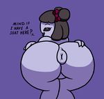  2017 anthro anus arachnid arthropod big_butt black_hair butt digital_media_(artwork) english_text fangs female hair hair_bow hair_ribbon humanoid looking_at_viewer looking_back mr.under muffet nude open_mouth presenting puffy_anus ribbons simple_background smile solo spider text undertale video_games 