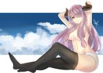  absurdres alternate_eye_color black_legwear breasts draph from_side full_body granblue_fantasy hair_censor hair_over_one_eye hair_over_shoulder highres horns large_breasts lavender_hair long_hair looking_at_viewer narmaya_(granblue_fantasy) navel panties parted_lips pointy_ears purple_eyes sidelocks sitting solo supremacy thighhighs thighs topless underwear white_panties 