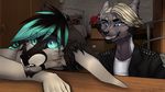  ambiguous_gender anthro canine clothed clothing duo ear_piercing evlampyshka facial_hair fur goatee hair male mammal piercing smile 
