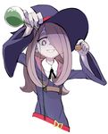  belt cork flask hair_over_one_eye half-closed_eyes hat highres little_witch_academia long_hair looking_down loose_belt momo_(higanbana_and_girl) pale_skin pink_hair potion pouring red_eyes robe simple_background smile sucy_manbavaran upper_body white_background wide_sleeves witch witch_hat 