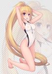  arms_up bangs bare_arms bare_legs bare_shoulders barefoot blonde_hair blue_eyes blush bunching_hair closed_mouth competition_swimsuit covered_navel covered_nipples diagonal-striped_background diagonal_stripes erect_nipples eyebrows_visible_through_hair fate/grand_order fate_(series) hair_between_eyes hair_tie hair_tie_in_mouth high_ponytail highleg highleg_swimsuit jeanne_d&#039;arc_(fate)_(all) jeanne_d&#039;arc_(swimsuit_archer) jeanne_d'arc_(fate) jeanne_d'arc_(fate)_(all) jeanne_d'arc_(swimsuit_archer) kneeling long_hair mouth_hold one-piece_swimsuit ponytail solo striped striped_background swimsuit tying_hair very_long_hair whistle whistle_around_neck white_swimsuit yoshiheihe zoom_layer 