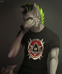  anthro canine clothed clothing evlampyshka fur hair looking_at_viewer male mammal simple_background solo 