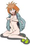  1girl artist_request ass azusa_(pokemon) blush breast_hold breasts brown_eyes cleavage covering embarrassed kneeling large_breasts looking_at_viewer midriff naked_coat navel nintendo no_bra no_panties nude open_mouth orange_hair pokemon sandals short_hair solo tears 