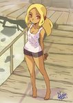  alternate_costume alternate_hairstyle arms_behind_back barefoot blonde_hair breasts casual cleavage dark_skin full_body gravity_daze gravity_daze_2 kitten_(gravity_daze) looking_at_viewer oyster_(artist) short_shorts shorts small_breasts solo tank_top 