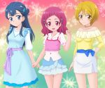  3girls :d ahoge blonde_hair blouse blue_dress blue_eyes blue_hair blue_skirt breasts cameltoe camisole casual clenched_hands closed_mouth collared_blouse commentary_request cowboy_shot dress hair_bobbles hair_ornament hairclip hand_on_hip hugtto!_precure jewelry kagayaki_homare layered_clothing layered_skirt light_blush long_hair long_sleeves looking_at_viewer medium_breasts medium_dress medium_hair miniskirt miracle! multicolored multicolored_background multiple_girls necklace nono_hana off-shoulder_shirt off_shoulder open_mouth pencil_skirt pink_eyes pink_hair pink_shirt precure puffy_short_sleeves puffy_sleeves sash shirt short_hair short_sleeves side_bun skirt smile sparkle standing underwear white_blouse white_skirt x_hair_ornament yakushiji_saaya yellow_eyes yellow_shirt 