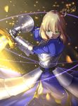  ahoge armor armored_dress artoria_pendragon_(all) battle blonde_hair blue_dress commentary_request dress excalibur fate/stay_night fate_(series) faulds gauntlets glint glowing glowing_sword glowing_weapon green_eyes holding holding_sword holding_weapon light_particles looking_at_viewer night saber short_hair solo sword weapon yeh_(354162698) 