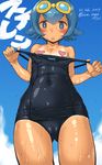  2017 blue_eyes blue_hair blush breasts cloud covered_nipples dated day flat_chest goggles goggles_on_head heart_pasties highres imazon looking_at_viewer one-piece_swimsuit open_mouth pasties pokemon pokemon_(anime) pokemon_sm_(anime) school_swimsuit short_hair sky solo suiren_(pokemon) swimsuit twitter_username undressing wet 