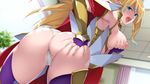  ass ass_grab blonde_hair blue_eyes blurry breasts cape depth_of_field elf fingerless_gloves game_cg gloves grabbing_own_ass grabbing_own_breast indoors large_breasts long_hair looking_at_viewer nanao_(mahaya) nipples ochite_iku_seisenshi_lunatic_angels official_art open_mouth partially_visible_vulva pointy_ears puffy_nipples self_fondle shindo_kuriko solo sweat 