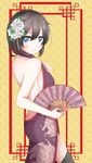  backless_outfit bare_arms bare_back bare_shoulders black_hair black_legwear blue_eyes braid breasts chinese_clothes fan floral_print flower hair_flower hair_ornament hair_over_shoulder highres holding kantai_collection medium_breasts paper_fan satsukikyo shigure_(kantai_collection) sideboob single_braid smile solo uchiwa 