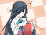  black_hair bow bowtie checkered checkered_background eighth_note hair_over_one_eye hayashimo_(kantai_collection) kantai_collection knitting knitting_needle long_hair long_sleeves musical_note needle smile solo souji upper_body 