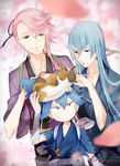  :&lt; bandaged_arm bandages bandaid bandaid_on_face blue_eyes blue_hair braid casual cat cherry_blossoms closed_mouth food fruit hair_between_eyes hair_over_one_eye hair_tie heterochromia highres japanese_clothes kousetsu_samonji male_focus multiple_boys persimmon pink_hair ponytail rougetsu sayo_samonji scar smile souza_samonji tasuki touken_ranbu twitter_username upper_body v-shaped_eyebrows 