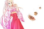  :o aqua_eyes blonde_hair braid commentary_request dying_(dying0414) eating food hair_between_eyes hand_up holding holding_food ia_(vocaloid) japanese_clothes kimono long_hair long_skirt looking_at_viewer open_mouth pink_kimono ponytail red_skirt side_ponytail simple_background skirt solo takoyaki tray very_long_hair vocaloid white_background wide_sleeves 