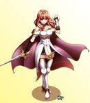  arm_up breasts cape celica_(fire_emblem) cleavage dress fingerless_gloves fire_emblem fire_emblem_echoes:_mou_hitori_no_eiyuuou full_body gloves jadenkaiba large_breasts long_hair red_eyes red_hair sleeveless smile solo strapless strapless_dress sword thighhighs tiara weapon white_dress zettai_ryouiki 