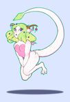  2016 anthro blue_eyes breasts claws dragon female flower freckles green_hair hair hindpaw horn levitating long_hair looking_at_viewer nude open_mouth paws pink_skin plant redrabbu solo spikes white_skin wings 