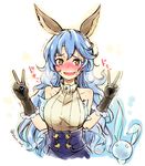  :d @_@ animal_ears bare_shoulders blue_hair blue_skirt blush breast_padding breasts brown_eyes buttons collarbone double_v erune ferry_(granblue_fantasy) full-face_blush ghost gloves granblue_fantasy hands heart high-waist_skirt long_hair looking_at_viewer o_o open_mouth simple_background skirt sleeveless small_breasts smile solo spoken_heart text_focus trembling twitter_username umeboshi_(lazy_lazy) upper_body v wavy_hair white_background 