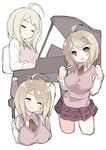  ahoge akamatsu_kaede blonde_hair breasts closed_eyes danganronpa instrument looking_at_viewer medium_breasts multiple_views music musical_note musical_note_hair_ornament necktie new_danganronpa_v3 open_mouth piano playing_instrument pleated_skirt purple_eyes saru sixteenth_note skirt smile sweater_vest thick_eyebrows 