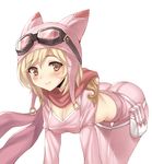  alternate_costume ass bangs belt_pouch bent_over blonde_hair blush breasts brown_eyes cleavage closed_mouth cowboy_shot crop_top djeeta_(granblue_fantasy) eyebrows_visible_through_hair goggles goggles_on_head granblue_fantasy hat hat_with_ears lang_(chikage36) long_sleeves looking_at_viewer medium_breasts midriff pants pink_pants pouch short_hair simple_background smile solo stitches swept_bangs thigh_gap thigh_strap white_background 