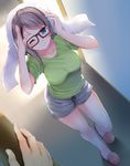  ;) black-framed_eyewear blue_eyes blush breasts brown_hair commentary_request glasses green_shirt grey_hair komone_ushio large_breasts looking_at_viewer love_live! love_live!_sunshine!! one_eye_closed salute shirt short_hair short_sleeves shorts slippers smile solo_focus towel towel_on_head watanabe_you 
