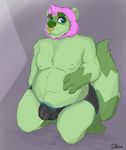  barazoku belly big_belly bulge clothed clothing crotch digital_media_(artwork) fur green_fur hair male mammal muscular navel nipples oddchurch penis pink_hair pose raccoon simple_background slightly_chubby solo 