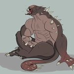  abs alien claws cum cum_on_penis evolve_(copyright) goliath_(evolve) jaws lessa_(artist) looking_up masturbation monster muscular nude open_mouth orgasm penis precum saliva scar sitting spikes teeth tongue tongue_out vein 