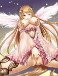  aigis_(sennen_sensou_aigis) areolae ass bangs blush breasts brown_eyes brown_hair covering covering_crotch frilled_sleeves frills gradient gradient_background hair_censor hair_over_breasts highres labia long_hair multiple_wings parted_lips partially_visible_vulva sennen_sensou_aigis silhouette solo spread_legs swept_bangs tsubakiyama_parry very_long_hair white_wings wide_sleeves wings 