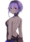  backless_outfit dark_skin fate/grand_order fate/prototype fate/prototype:_fragments_of_blue_and_silver fate_(series) from_behind hassan_of_serenity_(fate) highres looking_at_viewer looking_back plan_(planhaplalan) purple_eyes purple_hair smile solo underwear upper_body white_background 