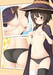  ass bandages bell_(oppore_coppore) black_hair black_legwear black_panties blush breasts cape choker commentary_request covering covering_breasts hat kono_subarashii_sekai_ni_shukufuku_wo! megumin multiple_views navel panties photo_(object) red_eyes short_hair single_thighhigh skindentation small_breasts thighhighs underwear witch_hat 