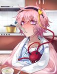  blanket commentary cup fever food hair_between_eyes heart heart_of_string highres komeiji_satori ldl_(bcw1025) pot short_hair sick solo soup sweat thermometer third_eye touhou 