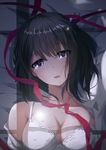  absurdres black_hair bra breasts cleavage highres kuzu_no_honkai lens_flare looking_at_viewer lying medium_breasts on_back ribbon school_uniform short_hair solo tears underwear yasuraoka_hanabi yusan 