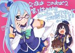  &gt;_&lt; 1boy 2girls :i aqua_(konosuba) aqua_eyes bespectacled blue_eyes blue_hair blush breast_rest breasts breasts_on_head brown_hair closed_eyes commentary_request constricted_pupils detached_sleeves episode_number eyewear_switch flying_sweatdrops glasses hair_rings hand_on_hip hat highres kono_subarashii_sekai_ni_shukufuku_wo! large_breasts md5_mismatch multiple_girls necktie no_eyewear one_eye_closed open_mouth release_date resized satou_kazuma sena_(konosuba) skirt smile spoken_ellipsis tanaka_kii translated uniform upscaled 