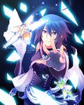  aqua_(kingdom_hearts) artist_name blue_eyes blue_hair breasts copyright_name eyelashes fingerless_gloves gloves hair_between_eyes holding jewelry jin.n kingdom_hearts kingdom_hearts_birth_by_sleep lace light_particles long_sleeves looking_up medium_breasts necklace reaching solo star text_focus 