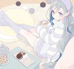  alternate_costume blue_hair chocolate_chip_cookie colis commentary_request cookie cookie_jar cup cushion food frilled_skirt frills grey_eyes grey_hair hair_between_eyes hairband holding holding_cup hot_chocolate jar kantai_collection kiyoshimo_(kantai_collection) kneehighs long_hair long_sleeves looking_at_viewer loose_socks low_twintails marshmallow mug multicolored_hair oreo rug sitting skirt sleeves_past_wrists socks solo striped striped_sweater sweater table tray twintails twitter_username very_long_hair wooden_floor 