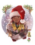  ;) black_hair blonde_hair brown_eyes casual christmas dark_skin dark_skinned_male facial_hair fingerless_gloves gloves goatee gradient_hair hairlocs hat headphones headphones_around_neck jewelry long_hair lucio_(overwatch) male_focus mistletoe multicolored_hair one_eye_closed overwatch peyo_han plaid plaid_shirt ring santa_hat shirt smile solo 