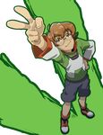  absurdres brown_eyes brown_hair dated foreshortening full_body glasses hand_on_hip highres hyakujuu-ou_golion ishmaiah_dado pidge_gunderson reverse_trap shorts signature smile solo v voltron:_legendary_defender 