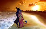  anthro beach canine clothing cloud dtalvi duo feline female male mammal outside seaside standing sunset swimsuit 