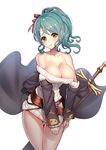  bare_shoulders blush breasts brown_eyes cape cleavage collarbone dress granblue_fantasy green_hair hair_ribbon herja large_breasts long_hair looking_at_viewer ponytail ribbed_sweater ribbon ririko_(zhuoyandesailaer) sheath sheathed simple_background solo sweater sweater_dress sword weapon white_background 
