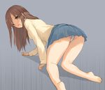 all_fours ass bangs barefoot blue_skirt blush brown_eyes brown_hair embarrassed grey_background long_hair looking_at_viewer looking_back open_mouth original panties pleated_skirt sayika school_uniform simple_background skirt soles solo sweatdrop sweater thighs underwear wavy_mouth white_panties 