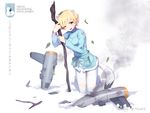  animal_ears blonde_hair blue_eyes brave_witches commentary damaged ermine_ears ermine_tail falling_leaves kneeling leaf leaf_on_head long_sleeves looking_at_viewer military military_uniform mugcan nikka_edvardine_katajainen one_eye_closed open_mouth pantyhose short_hair smoke snow solo striker_unit sweatdrop tail tears torn_clothes torn_legwear uniform weasel_ears weasel_tail world_witches_series 