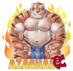  2017 5_fingers adios angry anthro azaghal_(character) biceps black_claws black_fur black_stripes blue_bottomwear blue_clothing blue_eyes claws clothed clothing digital_media_(artwork) eye_scar facial_scar feline fire front_view fur loincloth looking_at_viewer male mammal multicolored_fur musclegut muscular muscular_male name_badge navel nipples orange_fur pecs pink_nipples pink_nose portrait scar simple_background snarling solo standing striped_fur stripes teeth three-quarter_portrait tiger topless whiskers white_background white_fur 