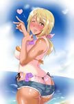  1girl ass bare_shoulders bikini blonde_hair blush breasts butt_crack charlotte_dunois condom condom_belt denim denim_shorts from_behind hair_ribbon heart infinite_stratos large_breasts long_hair looking_at_viewer naughty_face one_eye_closed open_mouth ponytail purple_eyes ribbon sakura_kani shiny shiny_hair shiny_skin short_shorts shorts sideboob smile solo sunburn sweat tan tanline used_condom whale_tail wink 