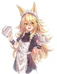  :d absurdres animal_ears blonde_hair blush commentary_request cup deluxe&lt;&lt;&lt; fangs fox_ears headdress highres holding long_hair looking_at_viewer maid maid_headdress mug open_mouth original saucer simple_background smile solo steam tea white_background wrist_cuffs yellow_eyes 
