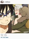  black_hair blue-framed_eyewear bottle brown_eyes closed_eyes dog drooling eugenio2nd face_licking fake_screenshot glasses instagram jewelry katsuki_yuuri licking makkachin male_focus multiple_boys ring self_shot silver_hair sleeping smile tongue tongue_out viktor_nikiforov wedding_band yuri!!!_on_ice 