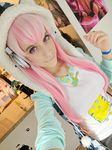  1girl cosplay headphones hoodie lana_rain nitroplus photo pink_hair smile super_sonico 