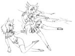  2girls animal_ears camel_(dansen) female midriff milia milia_wars monochrome multiple_girls navel sachiho short_hair skirt thighhighs 